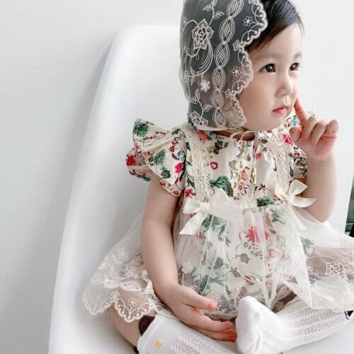 2021 Newborn Baby Girls Floral Bodysuit with Hat Lace Baby Summer Clothing Infant Ruffled Short-Sleeve Romper Soft Wear 0 months