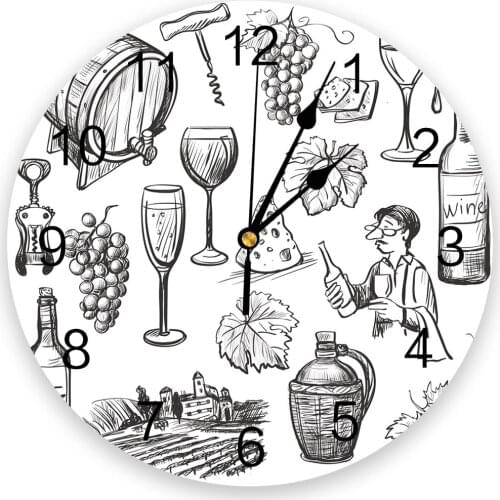 Wine Bottle Grape Fruit Round Wall Clock Modern Design Home Living Room Decoration Childrens Room Kitchen Table Clock