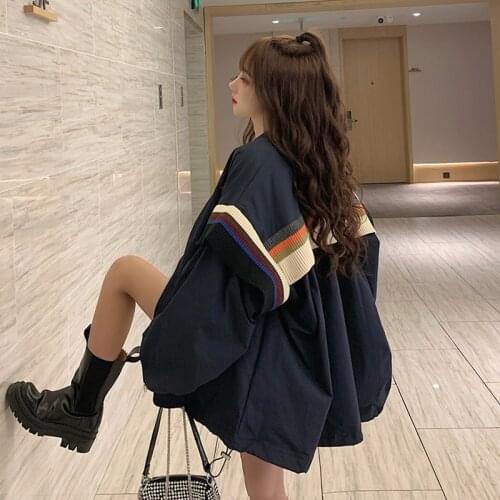 Korean Women Jackets Patchwork Striped Coats 2020 Spring Autumn Casual Loose Outerwear Long Sleeve Harajuku Trendy Female Top