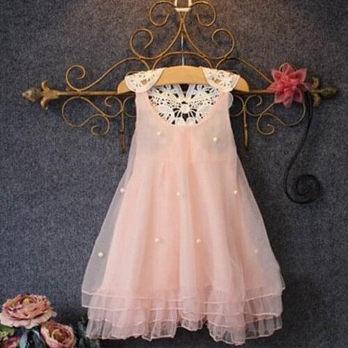 2019 Girls Summer Mesh Dress Toddler Girls Sleeveless Princess Dress Pearl Tulle Flower Lace Backless Beach Party Dress