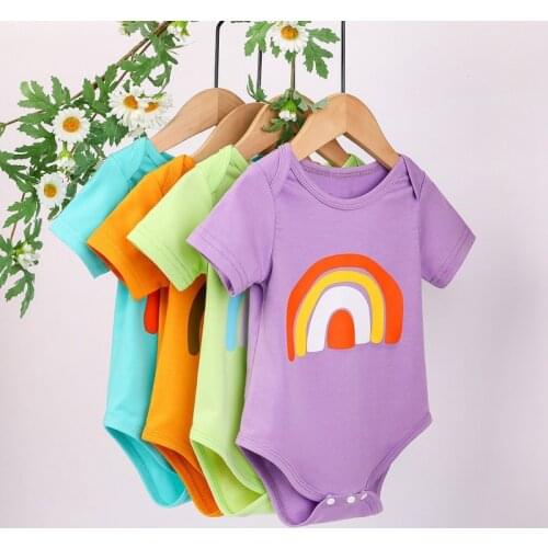Summer Baby Girls Clothes Newborn Infant Candy Color Short Sleeve Rainbow Pattern Bodysuit Cotton Soft Jumpsuit Clothing