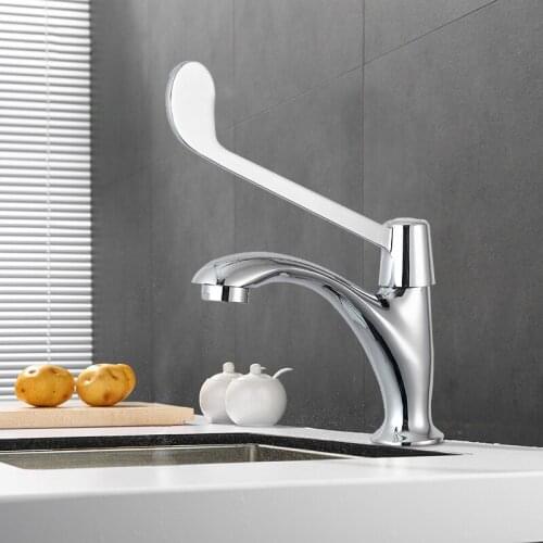 Bathroom Basin Faucet Copper Toilet Elbow Touch Wash Basin Tap Length Handle Single Cold Water Faucet for Laboratory Hospital