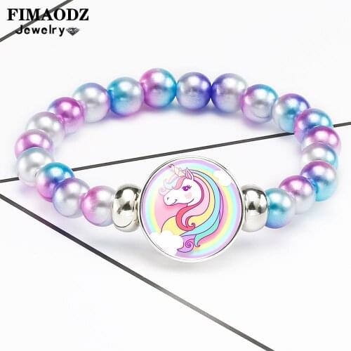 FIMAODZ Cute Unicorn Beads Bracelet Cartoon Flying Horse Art Photo Glass Button Bracelets for Women Children Jewelry