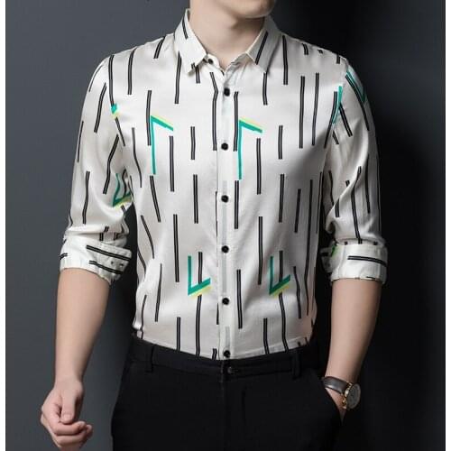 Mens Brand Silk Shirts Summer Spring 100% Silk Clothes Office Man Striped Real Silk Dress Shirts Long Sleeve Soft Smooth Shirts