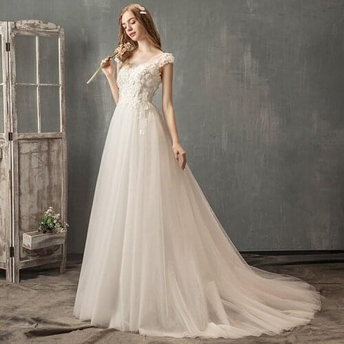 New Applique Wedding Dresses 2021 O Neck Lace Ball Gown Vestido De Noiva Wedding Dress with Short Tail Train