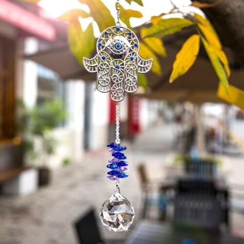 H&D Hamsa Hand Hanging Crystal Suncatcher Ornament Rainbow 40mm Crystal Ball Prisms Blue Evil Eye Pendant For Home Window Decor