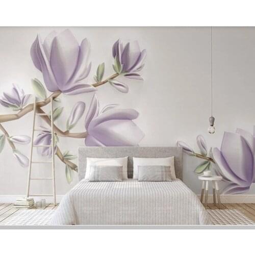 Papel de parede Purple 3d stereo magnolia flower embossed wallpaper,living room TV wall bedroom wall papers home decor mural