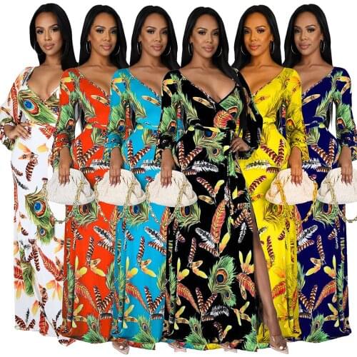Peacock Feather Print Fit and Flare Maxi Dress Women Deep V Neck Lantern Sleeve Party Dress Vintage Side High Split Robe Femme