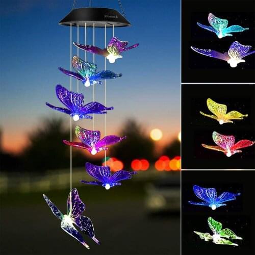 LED Solar Butterflies Wind Chime Light Outdoor Waterproof Garden Garland Hanging Lights Decoration For Yard Patio Porch Balcony