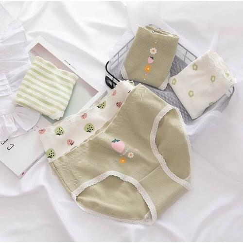 Green Panties For Women Cotton Briefs Elastic Cozy Lingerie Cute Female Underwear Strawberry Comfortable Briefs NK90