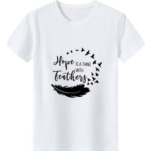 Hope Feathers T-shirt Woman Bird Feather Graphic Tee Women Cotton O-neck Short Sleeve Women Tshirt Fashion Summer Top