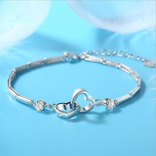 Everoyal Trendy 925 Silver Bracelet For Women Jewelry Cute Double Heart Crystal Bracelet Lady Lover Valentines Day Gift Fashion