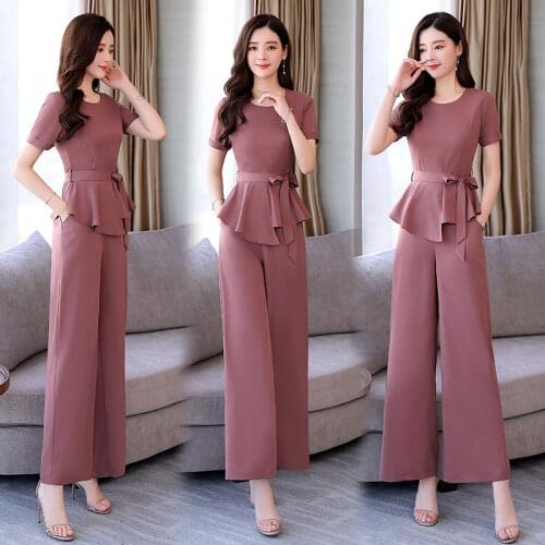 New Casual Loose Large Size Womens Tops + Wide Leg Pants Fashion Two Piece Set Elegant Temperament Womens Summer Suit