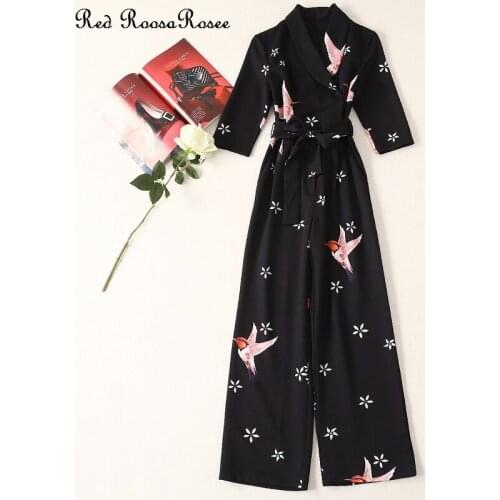 Red RoosaRosee Fashion Autumn Women Turn-down Collar Half Sleeve Floral Print Female Bodysuit Slim Straight Elegant Jumpsuit