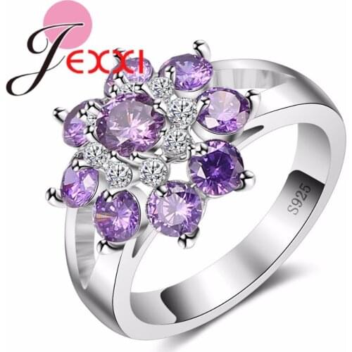 Elegant Flower Ring for Women Girls 925 Sterling Silver Jewelry with Full Little Round Purple/White Clear Zircon Ladies Anillos