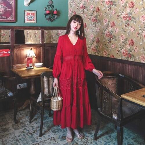 2021 New Fashion Red Holiday Vintage Runway Dress Womens V-Neck Long Sleeves Thailand Travel Bali Beach Dresses