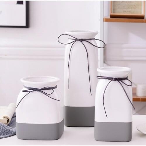 1pc Ceramic Vase White and Grey Porcelain Flower Vase with Bowknot Home Decor Water Planting Container
