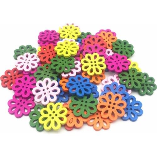 200pcs Bright Mixed Wood Flower Buttons 20mm 4 Holes Hollow Sewing Button Embellishments Crafts Scrapbooking Cardmaking