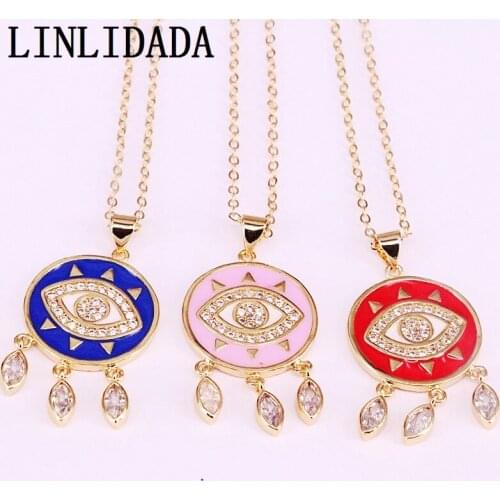 8Pcs Fashion New Gold Color Chain Jewelry Enamel Round Micro Pave CZ Cubic Zircon eyes Pendant Necklaces For Women Gift