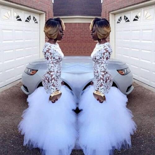 White Prom Dresses Mermaid Long Sleeves Tulle Appliques Lace Ruffles Long Prom Gown Evening Dresses Robe De Soiree