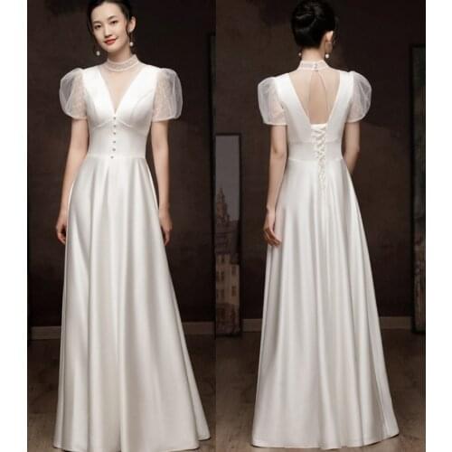Elegant Soft Satin High Neck Simple Puff Sleeve A-line Floor Length Lace-up Wedding Gown Wedding Dress Bride robe de mariée