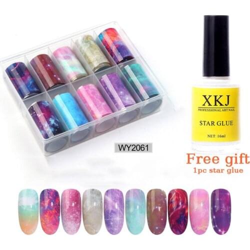 10pcs Holographic Star sky Nail Foil Decal Nail Art Foil with Free Nail Glue Prints Nail Art Decoration Wrap Transfer Sticker