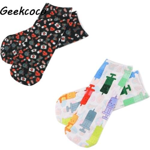 J2769 Cartoon Cotton Sock Breathable Casual Short Sock Medical Pattern Ankle Sock For Doctor Nurse