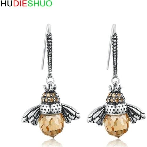 HUDIESHUO Europe and America Hot Sale 925Silver Lovely Orange Bee Animal Drop Earrings for Women High Quality Gift