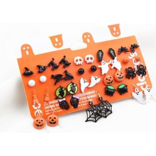Julie Wang 20 Pairs Enamel Halloween Stud Earrings Mixed Alloy Cat Pumpkin Ghost Spider Bat Skull Wizard Women Dangle Jewelry