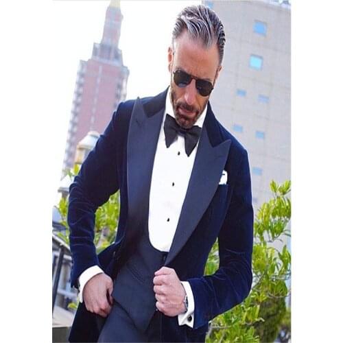 Costume Homme Mens Suits (Jacket+Pants+Vest) latest designs Royal Blue Velvet Groom men suit tuxedos costume homme mariage