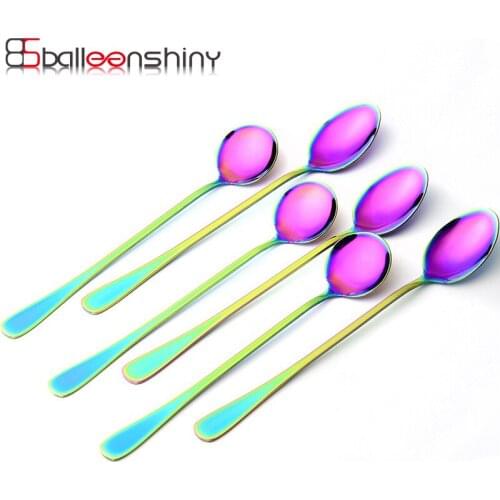 BalleenShiny Stainless Steel Colorful Ice Spoon Long Handle Stirring Coffee Laser Western Rainbow Gold Plated Dinnerware Scoop