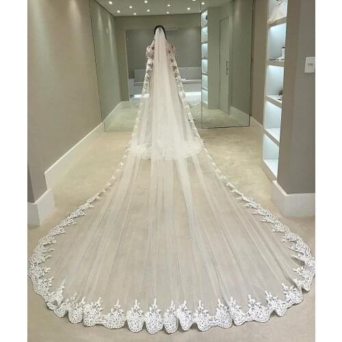 White Ivory 4 Meters Long Full Edge Lace Wedding Veil One Layer Tulle Bridal Veil with Comb Wedding Accessories Veu De Noiva 4.9