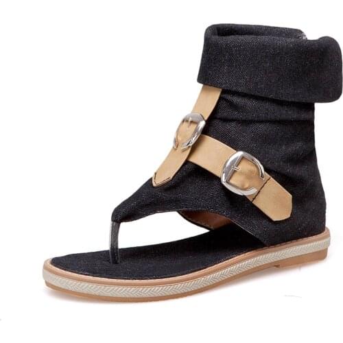 Summer Womens Flat Shoes Denim Canvas Sexy Gladiator Ladies Female Flip Flops Casual High Top Sandals Hollow Buckle PW049