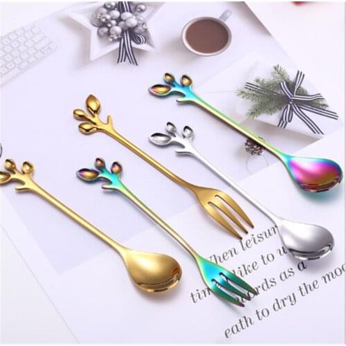12cm/18cm Leaf shape Multicolor Long Handled Coffee Teaspoons Stirring Spoon Stainless Steel Spoon or Fork