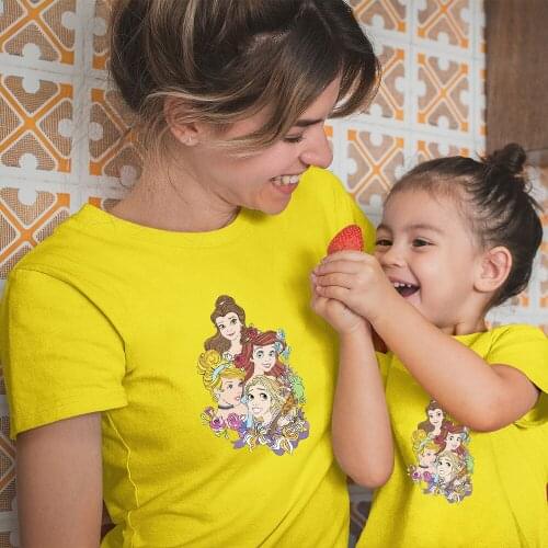 Fashion Disney Princess Adult Unisex T-shirts Summer New Products Cartoon Printing Short Sleeve Color Family Look Outfits Kawaii