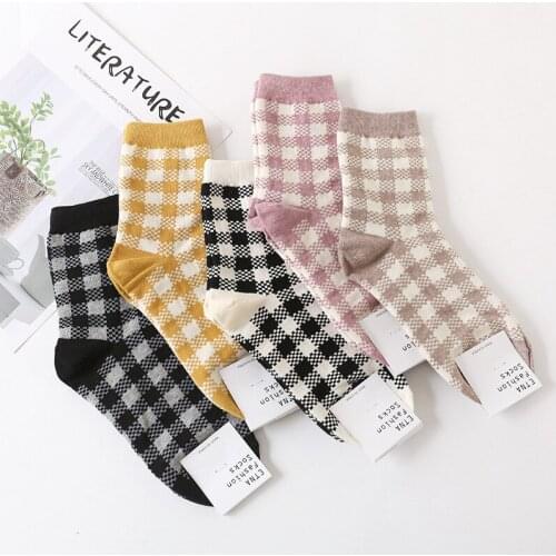 Fashion Lattice Plaid Women Socks Cotton Checked Grid Socks Spring Autumn Winter Cute Kawaii Ladies Socks For Girls