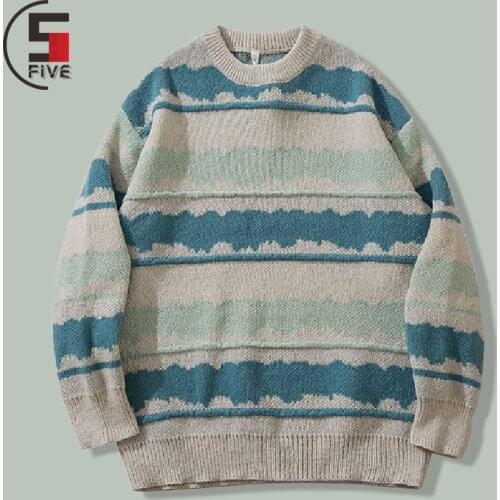 Hip Hop Stripe Print Fashion Sweater Men Harajuku Streetwear Hipsters Knitting Casual Sweaters NEW Campus Couple Loose Pullovers