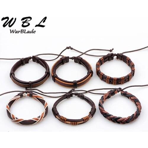 WarBLade 6pcs/Set Genuine Leather Men Bracelet Vintage Charm Braided Bracelets Bangle Punk Wrap Wristband For Male Jewelry New
