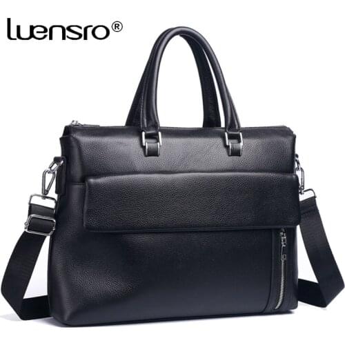 LUENSRO Real Cow Leather Men Briefcases Mens Shoulder Bags 14inch Laptop Business Briefcase Large Top Quality Male Computer Bag