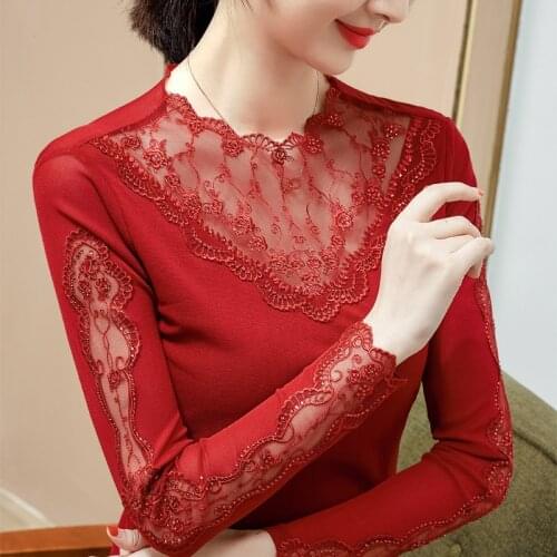 New 2021 Autumn Mesh Shirt Fashion Patchwork Lace Bottoming Shirt Elegant Slim Sexy Hollow Out Womens T-Shirt M-4XL Blusas