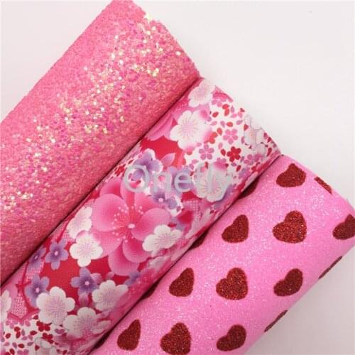 Onefly 21X29CM PINK Chunky Glitter Leather, Hearts Printed Glitter Fabric Sheets For Bow DIY handbags shoes AQ055