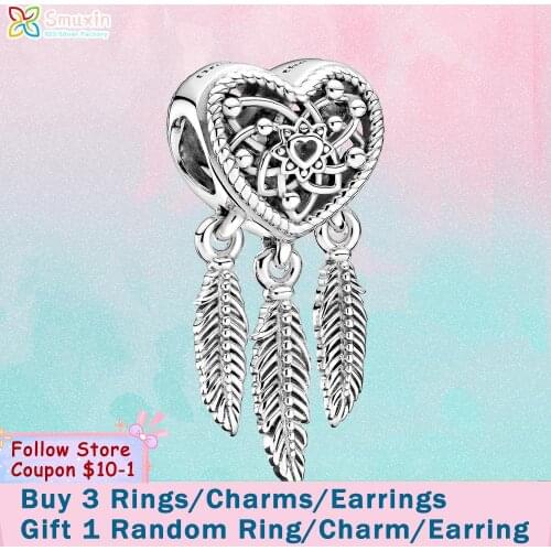 Smuxin 925 Sterling Silver Bead Openwork Heart Three Feathers Dreamcatcher Charm fit Original Pandora Bracelets Women Jewelry