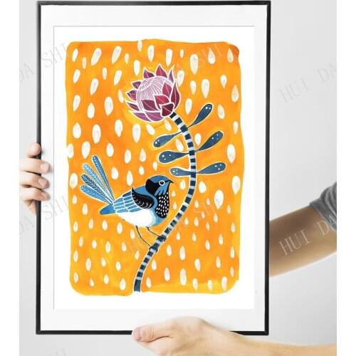 Fairy Wren, Native bird, Australia, Wall Art, Kids room, bright print, protea, happy art, modern print, yellow decor