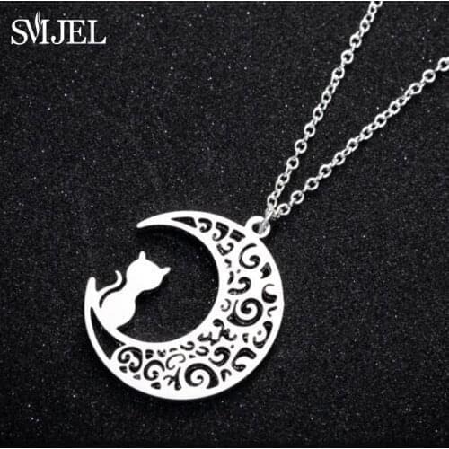 SMJEL Hollow Stainless Steel Cat on the Moon Pendants Necklaces for Women Fashion Jewelry ketting Animal Kitty Choker kolye
