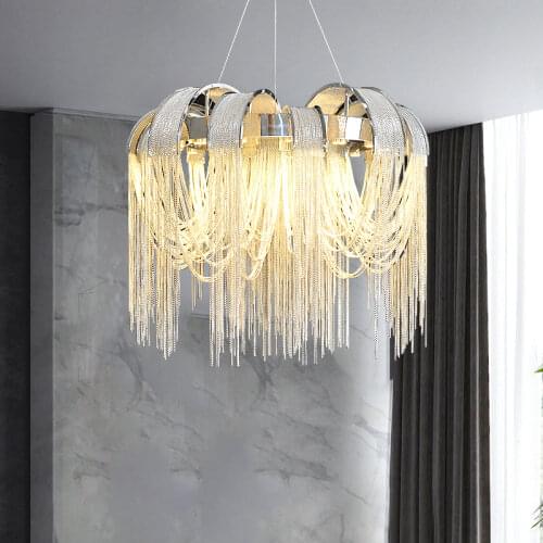 Modern silver chandelier living room bedroom tassel aluminum chain decor hanging lamp round table dining light fixtures