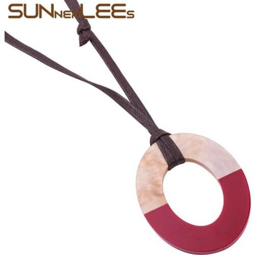 SUNNERLEES Fashion Jewelry Geometric Oval Resin Pendant Necklace Adjustable Brown Leather Rope Chain For Women Girls RPN02