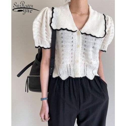 Summer New Hollow Out Lace Knit Shirts Women Puff Short Sleeve Peter Pan Collar Woman Blouses Tops Korean Fashion Clothing 14254