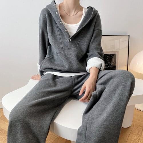 Autumn Winter Women Tracksuit Thick Cotton Suit 2 Pieces Sets Hoodies Sweatshirt and Wide Leg Pants Suits Chic Outwear Clothing