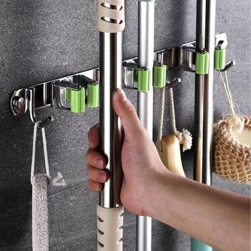 1Pc Durable Stainless Steel 3/4/5/6 Hook Wall Mounted Mop Organizer Holder Bathroom Brush Broom Storage Rack Convenient to Use