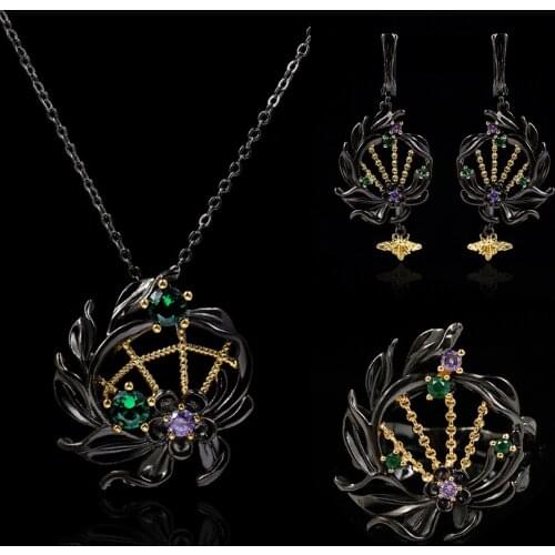 3PCS/Set Bohemia Jewelry Womens New Arrival Coconut Tree Pendant Necklace Earrings Ring Vintage Elegant Wedding Jewelry Set